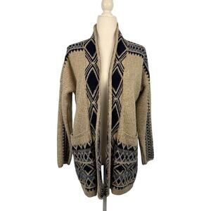 LUCKY BRAND Tribal Cardigan Sweater Womens Black Beige Large Aztec Southwest